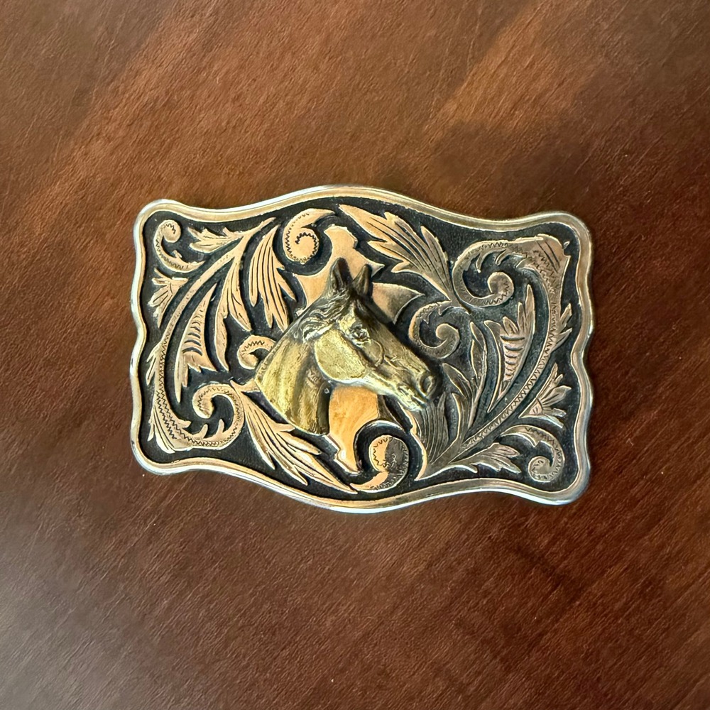 Horse Head Belt Buckle Western Silver Gold Two Tone Filagree Scrollwork Cowboy